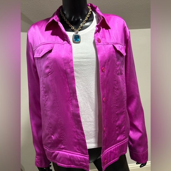 Worthington 100% Silk Bomber Jacket New Satin Raspberry Hot Pink Large L - Picture 1 of 7